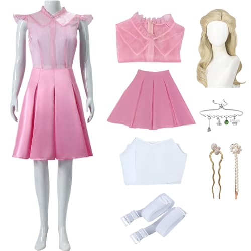 BAWKGDB Glinda Kleid Wickedy Glinda Kostüm Cosplay Rosa Anzug mit Perücke Halloween Party Abendkleid (Rosa+wig, M) von BAWKGDB
