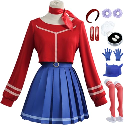 BAWKGDB Mita Cosplay Kleid Miside Kostüm Rot Blau Anzug mit Perücke Kopfbedeckung Handschuhe Hut Halloween Frauen Komplettset (Rot, XS) von BAWKGDB