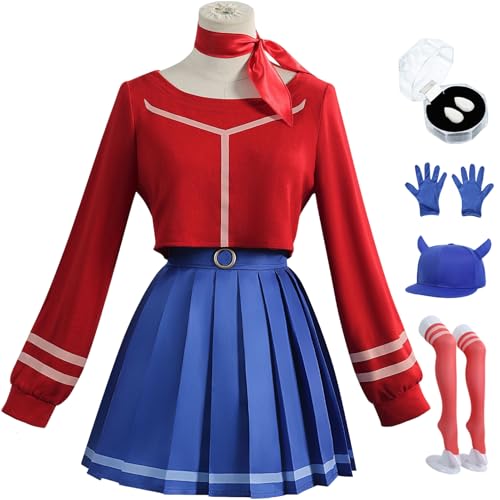 BAWKGDB Mita Cosplay Kleid Miside Kostüm Rot Blau Anzug mit Perücke Kopfbedeckung Handschuhe Hut Halloween Frauen Komplettset (Rot + Hut, XS) von BAWKGDB