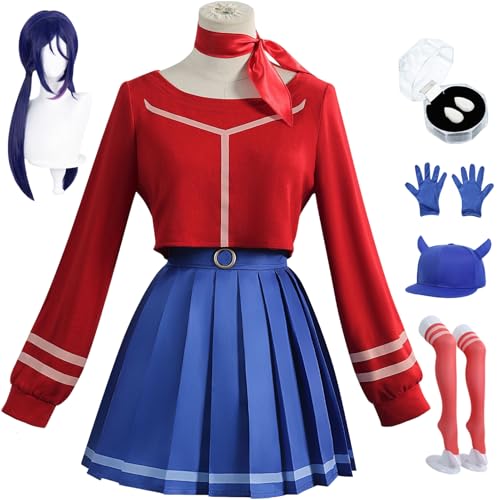 BAWKGDB Mita Cosplay Kleid Miside Kostüm Rot Blau Anzug mit Perücke Kopfbedeckung Handschuhe Hut Halloween Frauen Komplettset (Rot + Hut + Perücke, S) von BAWKGDB