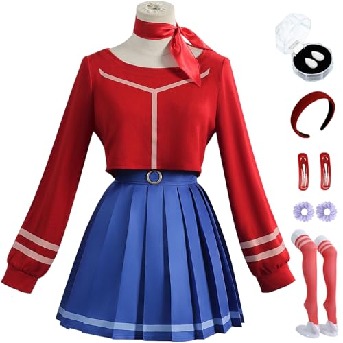 BAWKGDB Mita Cosplay Kleid Miside Kostüm Rot Blau Anzug mit Perücke Kopfbedeckung Handschuhe Hut Halloween Frauen Komplettset (Rot + Kopfbedeckung, S) von BAWKGDB