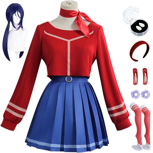 BAWKGDB Mita Cosplay Kleid Miside Kostüm Rot Blau Anzug mit Perücke Kopfbedeckung Handschuhe Hut Halloween Frauen Komplettset (Rot + Kopfbedeckung + Perücke, M) von BAWKGDB