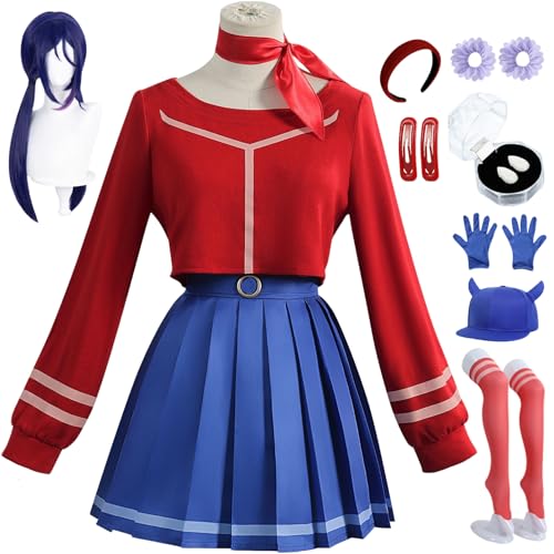 BAWKGDB Mita Cosplay Kleid Miside Kostüm Rot Blau Anzug mit Perücke Kopfbedeckung Handschuhe Hut Halloween Frauen Komplettset (Rot + Perücke, XS) von BAWKGDB