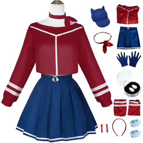 BAWKGDB Mita Cosplay Miside Kostüm Rot Blau Anzug Kleid mit Perücke Kopfbedeckung Handschuhe Hut Halloween Komplettset Damen (Rot, M) von BAWKGDB