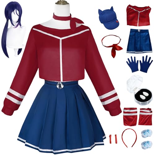 BAWKGDB Mita Cosplay Miside Kostüm Rot Blau Anzug Kleid mit Perücke Kopfbedeckung Handschuhe Hut Halloween Komplettset Damen (Rot + Perücke, L) von BAWKGDB