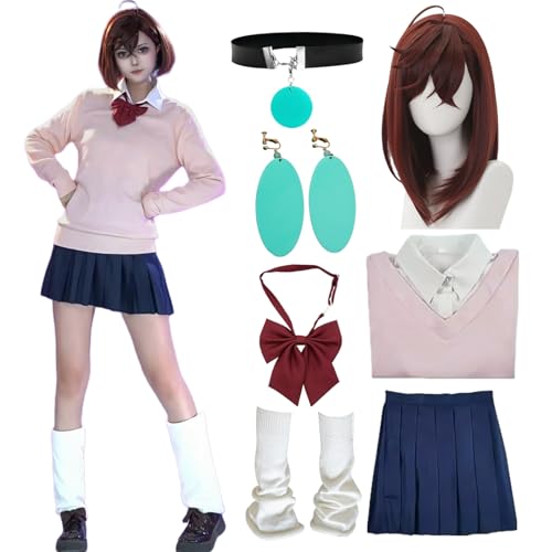 BAWKGDB Momoayase Cosplay Anime Dandandan Cosplay Kostüm Rosa Preppy Kurzer Rock Outfit mit Perücke Halskette Ohrringe (Pink+wig, 3XL) von BAWKGDB