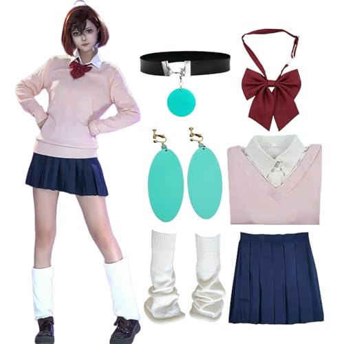 BAWKGDB Momoayase Cosplay Anime Dandandan Cosplay Kostüm Rosa Preppy Kurzer Rock Outfit mit Perücke Halskette Ohrringe (Pink, 2XL) von BAWKGDB