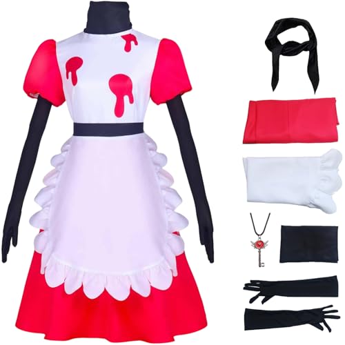 BAWKGDB Niffty Hazbin Hotel Cosplay Kostüm mit Perücke Handschuhe Schal Halloween Karneval Party Rosa Frauen Dienstmädchen Kleid (Rosa, 2XL) von BAWKGDB