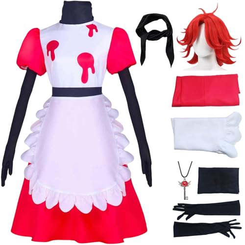 BAWKGDB Niffty Hazbin Hotel Cosplay Kostüm mit Perücke Handschuhe Schal Halloween Karneval Party Rosa Frauen Dienstmädchen Kleid (Rosa + Perücke, L) von BAWKGDB