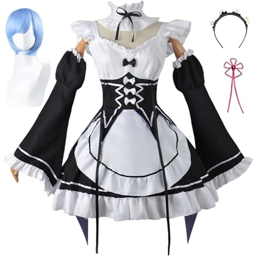 BAWKGDB Rem Cosplay Re Zero Dienstmädchen-Outfit-Kleid mit blau-rosa Perücke, Kopfbedeckung, Socken, Halloween-Party für Mädchen und Frauen (Weiß+blaue Perücke, 3XL) von BAWKGDB