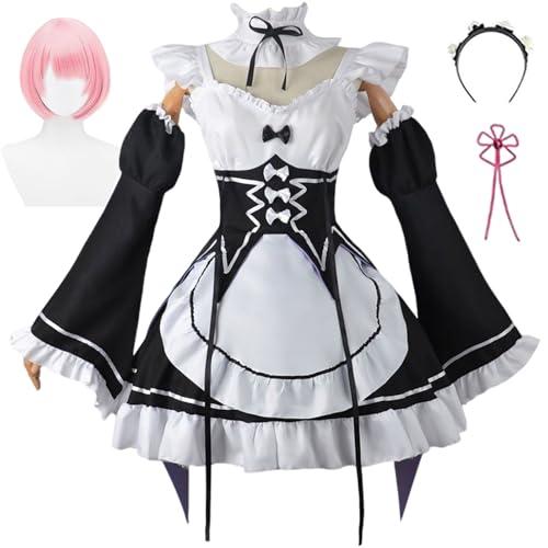 BAWKGDB Rem Cosplay Re Zero Dienstmädchen-Outfit-Kleid mit blau-rosa Perücke, Kopfbedeckung, Socken, Halloween-Party für Mädchen und Frauen (Weiß+rote Perücke, M) von BAWKGDB