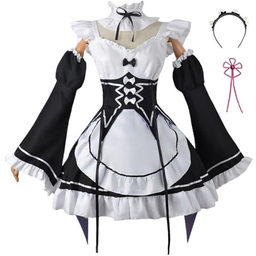 BAWKGDB Rem Cosplay Re Zero Dienstmädchen-Outfit-Kleid mit blau-rosa Perücke, Kopfbedeckung, Socken, Halloween-Party für Mädchen und Frauen (Weiß, XL) von BAWKGDB
