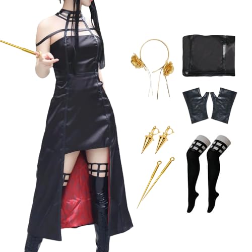 BAWKGDB Yor Forger Cosplay-Kostüm, Schwarzes Kleid mit Perücke und Ohrringen, Halloween, Komplettes Set, Anime-Kostüm (Schwarz, L) von BAWKGDB