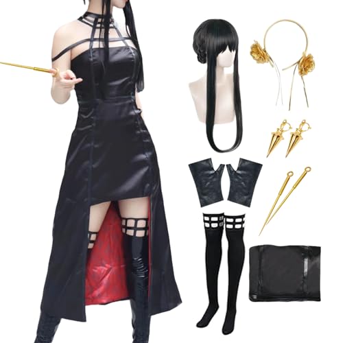 BAWKGDB Yor Forger Cosplay-Kostüm, Schwarzes Kleid mit Perücke und Ohrringen, Halloween, Komplettes Set, Anime-Kostüm (Schwarz + Perücke, S) von BAWKGDB