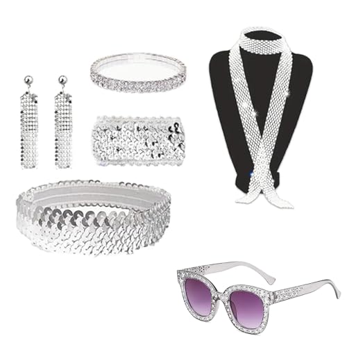 BAYORE 1970er Jahre Accessoires Bling Sonnenbrille Langer Schal Ohrringe Armband Stirnband Für Frauen 70/80er Jahre Mottoparty Kostüm Verstellbares Stirnband von BAYORE