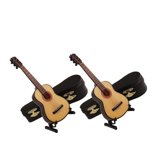 BAZEITFLOW 2 Sets Miniaturgitarre Aus Holz Mit Ständer Und Koffer, Mini-Musikinstrument, Gitarre, Sammlerfiguren, Modell, Heimdekoration von BAZEITFLOW