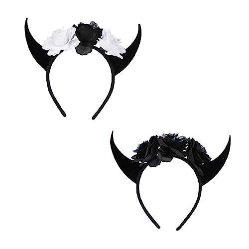 BAZEITFLOW 2 Stück Halloween Hörner Haarreif mit Schädel und Blumen Leichter Kopfschmuck für Kostüm Bequemes Horn Haarband für Erwachsene Teens für Party Cosplay und Fotos von BAZEITFLOW