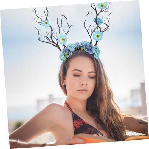 BAZEITFLOW Deer Horn Shaped Hairband mit Blauen Rosen Leichtes Festival party haarreif Originelles Kostüm accessoire für Karneval und Fasching Stabiler Rahmen Charmante Kopfbedeckung von BAZEITFLOW