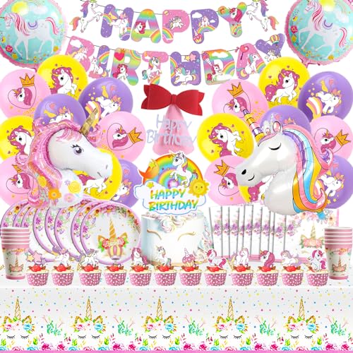 93 Stück Einhorn Geburtstag Deko, Einhorn Party Set, Einhorn Partygeschirr, Einhorn Ballons Set, Einhorn Happy Birthday Banner, Einhorn Pappteller Und Becher Set, Tischdeko Einhorn Geburtstag Mädchen von BBAUER