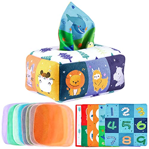 BBLIKE Babyspielzeug Montessori Spielzeug Sensorik Spielzeug Baby Dinosaurier Tissue Box Spielzeug mit 8 Farbiges Tuch und 6 Knisterpapier Babyspielzeug ab 18+ Monate Mädchen Junge (Tier) von BBLIKE