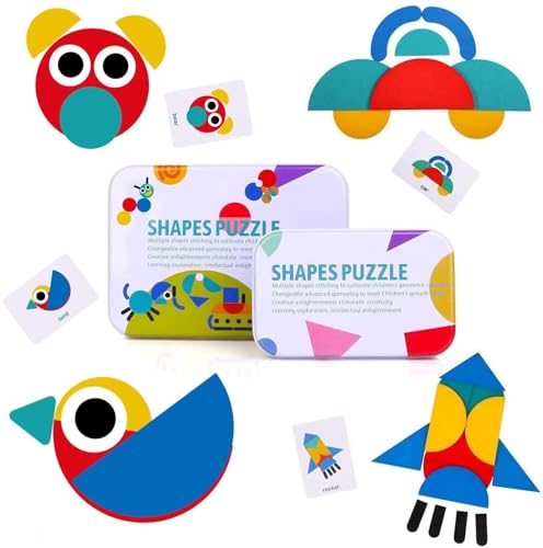 BBLIKE Tangram Holz, 36 Montessori Puzzle aus Holz + 60 Stapelkarten für Spiele und Lernspiele von BBLIKE
