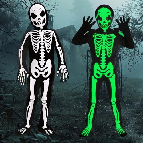 BBLTIFF Halloween Kostüm Kinder, Skelett Kostüm Kinder mit Kapuze und Handschuhen, Leuchtend Halloween Skelett Kostüme Kinder, Kostüm Halloween, Scary Jumpsuit für Jungen & Mädchen Größe L von BBLTIFF