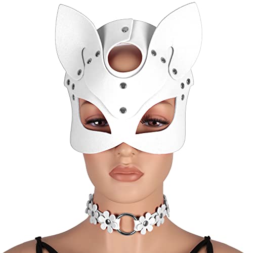 BBOHSS Damen Leder maske und Halskette Punk Karneval Gothic Halloween Maskerade Party Maske Kostüm (Weiß) von BBOHSS