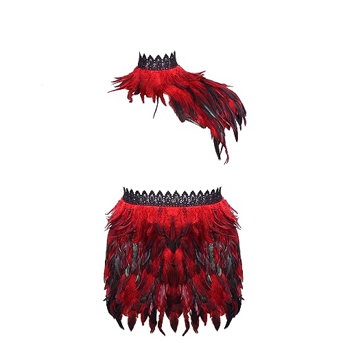 BBOHSS Damen Plus Size Federn Schal Schal Rock Anzug Punk Gothic Halloween Karneval Party Harness Mode Eine Schulter Zubehör (Rot) von BBOHSS