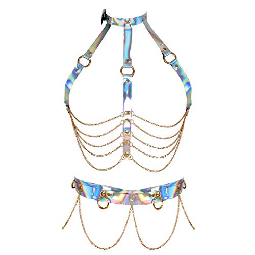Damen Leder Body Harness BH Punk Strumpfband Gürtel Set Gothic Dance Karneval Kostüm Zubehör (Mehrfarbig) von BBOHSS