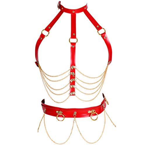 Damen Leder Body Harness BH Punk Strumpfband Gürtel Set Gothic Dance Karneval Kostüm Zubehör (Rot + Gold) von BBOHSS