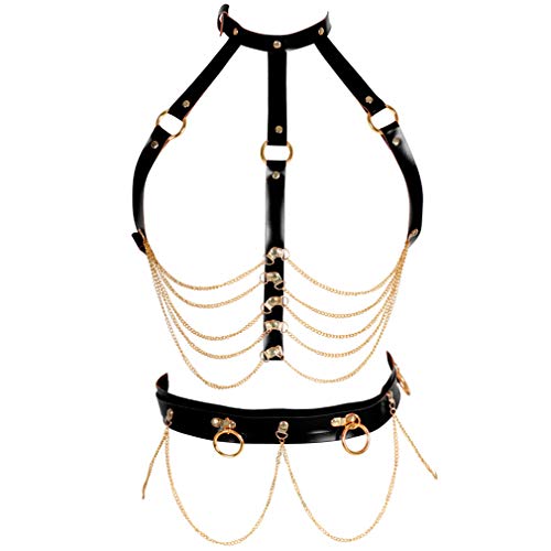 Damen Leder Body Harness BH Punk Strumpfband Gürtel Set Gothic Dance Karneval Kostüm Zubehör (Schwarz + Gold) von BBOHSS