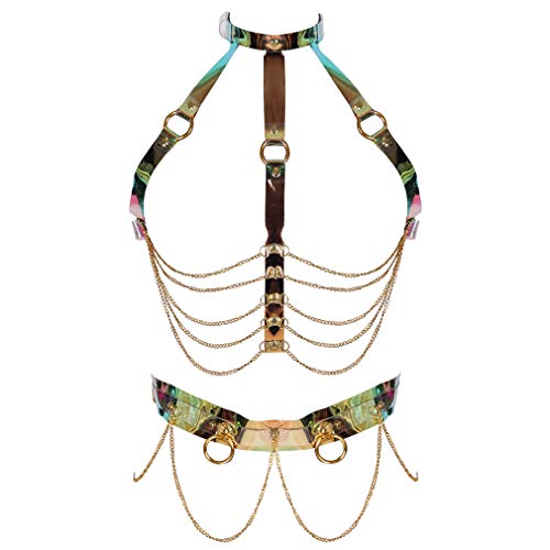 Damen Leder Body Harness BH Punk Strumpfband Gürtel Set Gothic Dance Karneval Kostüm Zubehör (Transparent) von BBOHSS