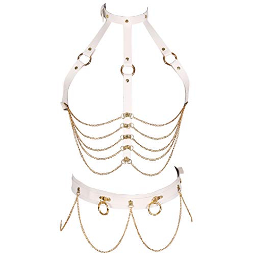 Damen Leder Body Harness BH Punk Strumpfband Gürtel Set Gothic Dance Karneval Kostüm Zubehör (Weiß + Gold) von BBOHSS