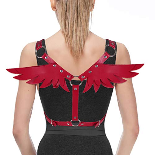 BBOHSS Damen Ledergeschirr Body Cage BH Brustgurt Flügel Rollenspiel Kostüm Punk Gothic verstellbarer Gürtel Kostüm Zubehör (rot) von BBOHSS