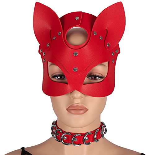 Damen Ledermaske und Halskette Punk Gothic Halloween Weihnachten Party Prom Mode Maske Zubehör (Rot) von BBOHSS