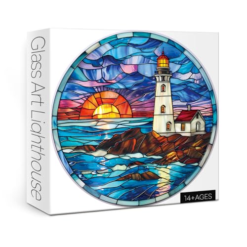 BBOLDIN Buntglas Strand Leuchtturm Puzzle für Erwachsene - 1000 Teile Ozean Sonnenuntergang - Natur Landschaft - Rund - 68.1 cm x 68.1 cm von BBOLDIN