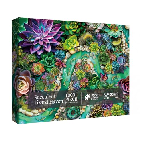 Buntes Sukkulenten-Gartenpuzzle für Erwachsene, 1000 Teile, Natur-Pflanze, Tier-Puzzle, Frühlingsschmetterling, Eidechse, hartes herausforderndes Puzzle von BBOLDIN