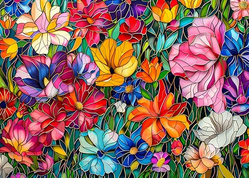 Buntglas-Blumenpuzzles für Erwachsene, 1000 Teile, buntes Blumengarten-Puzzle, Kunstpflanzenpuzzle von BBOLDIN