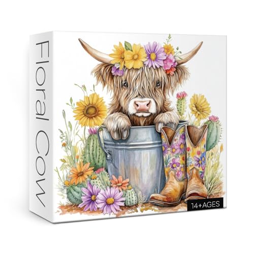 Highland Cow Sonnenblumen-Puzzle für Erwachsene, 1000 Teile, niedliches Tierblumen-Puzzle, buntes Kaktus-Blumen-Puzzle von BBOLDIN