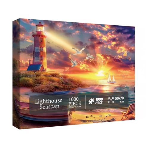 Strand Ozean Leuchtturm Puzzle für Erwachsene 1000 Teile Natur Sommer Sonnenuntergang Landschaft Puzzle Segelboot Landschaft Puzzle von BBOLDIN
