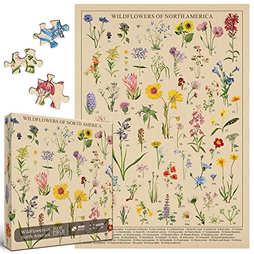 Vintage Wildblumen Puzzle 1000 Teile für Erwachsene, Botanik Pflanze Blume Puzzle von Wildblumen Nordamerika, Blumen Puzzle Puzzles Natur als Pflanze Geschenke von BBOLDIN