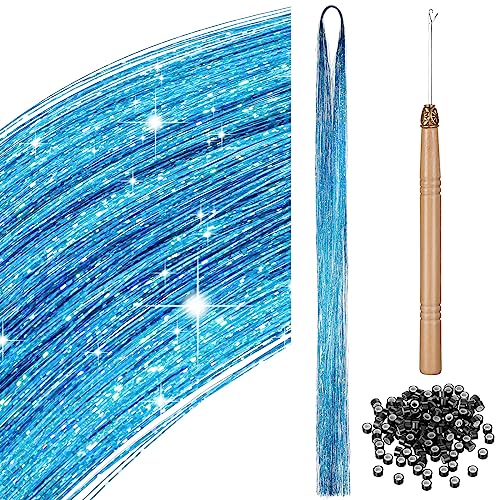 200 Haar Lametta mit Werkzeug Lametta Haarverlängerung Glitzer Haarteil zum Flechten Haarsträhne Kit für Frauen Mädchen Kinder Cosplay Party Zubehör (Himmelblau) von BBTO