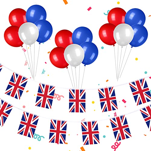 25er Union Jack Flaggen Set inklusive 1 Britische Flaggen Wimpelkette und 24 Rote Weiße Blaue Luftballons 10 m Großbritannien Banner Girlande für 2022 Königin Jubiläum VE Day Dekoration von BBTO