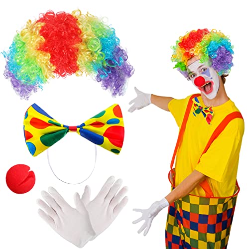 BBTO 4 Stück Clown Kostüm Set inklusive Regenbogen Clown Perücke Clown Nase Weiß Handschuhe Clown Fliege Unisex Clown Accessories für Frauen Männer Karneval Cosplay Zirkus Party Requisiten von BBTO