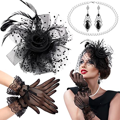 4er Pack 1920er Flapper Zubehör 20er Jahre Accessoires Charleston Gatsby Mafia Kostüm Accessoires Damen inklusive Stirnband Halskette Handschuhe Vintage Ohrringe Requisiten Set von BBTO