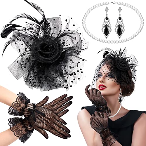 BBTO 4er Pack 1920er Flapper Zubehör 20er Jahre Accessoires Charleston Gatsby Mafia Kostüm Accessoires Damen inklusive Stirnband Halskette Handschuhe Vintage Ohrringe Requisiten Set von BBTO