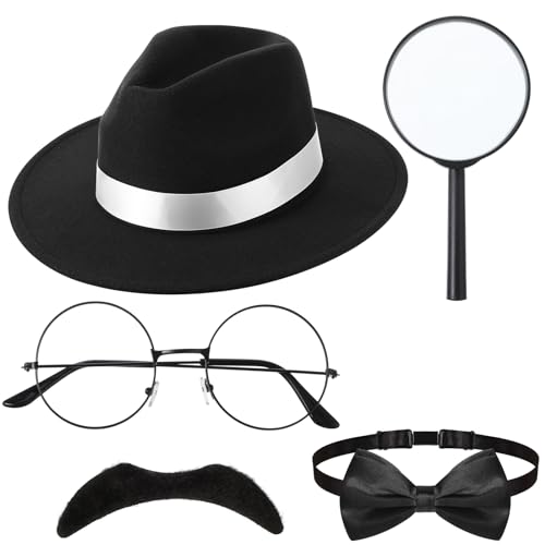 6 Stück Detektiv Kostüm Zubehör Set inklusive Detektiv Hut Lupe Fliege Falscher Schnurrbart Brille ohne Gläser Pfeife, Detektiv Cosplay Requisiten Rollenspiel Accessoires (Cool Stil) von BBTO