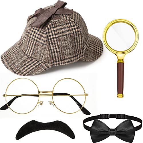 6 Stück Detektiv Kostüm Zubehör Set inklusive Detektiv Hut Lupe Fliege Falscher Schnurrbart Brille ohne Gläser Pfeife, Detektiv Cosplay Requisiten Rollenspiel Accessoires (Kariert Stil) von BBTO