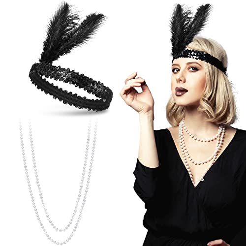 BBTO 1920er Jahre Accessoires Set 20er Halloween Kostüm Zubehör Flapper Feder Stirnband Künstlich Perlenkette für Frauen Damen Kostüm Verkleidung Party Zubehör von BBTO