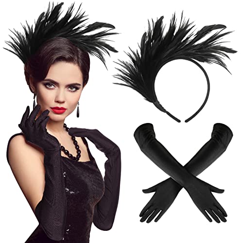 BBTO 2 Stück 1920er Flapper Zubehör Set Feder Haarreif Handschuhe Set für Damen Fascinator und Lange Handschuhe 20er Kostüm Accessoires für Halloween Abschlussball Fasching (Schwarz, Vintage Stil) von BBTO